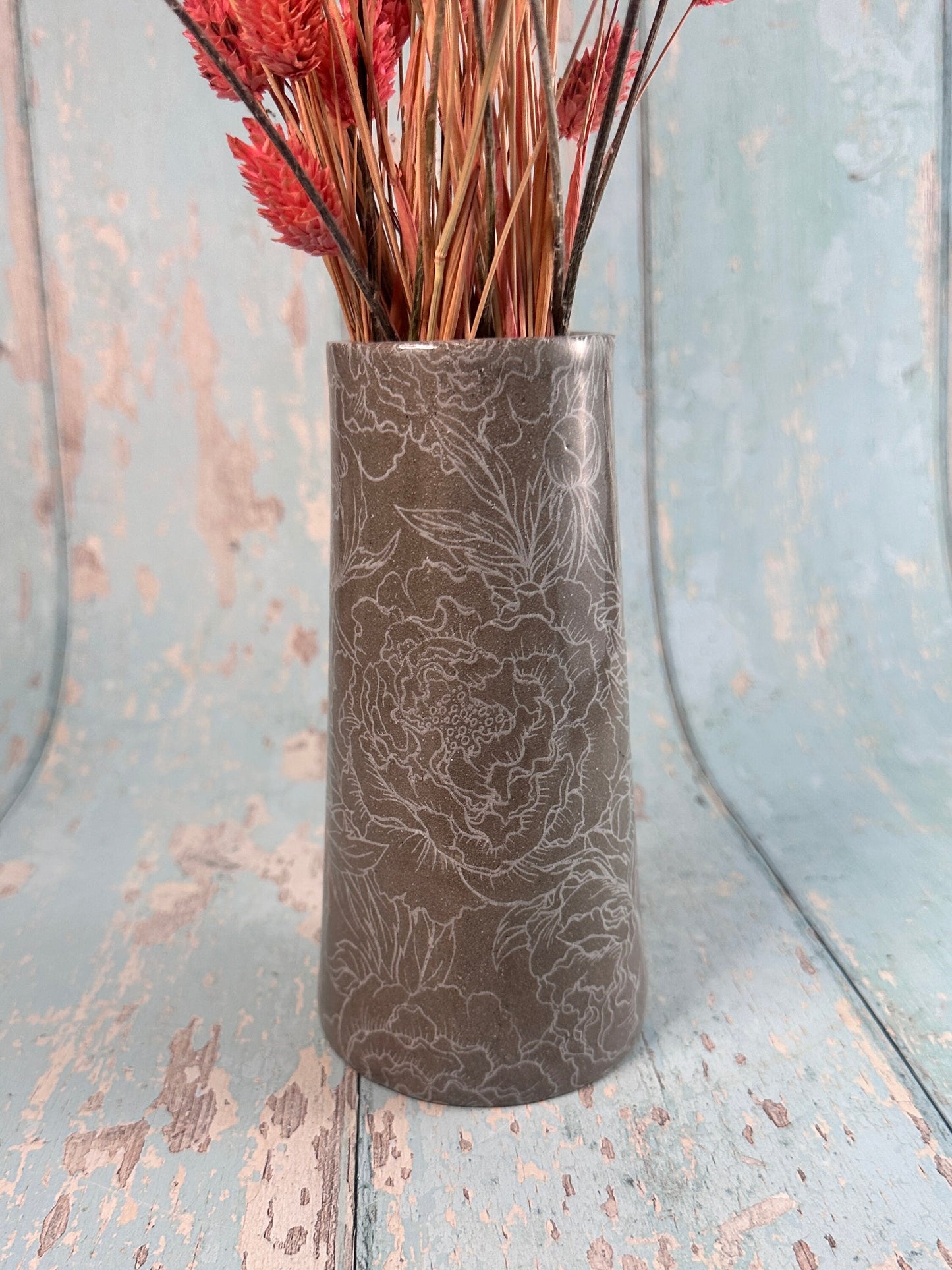 Grey Peony Ceramic Vase, Handmade Modern Pottery