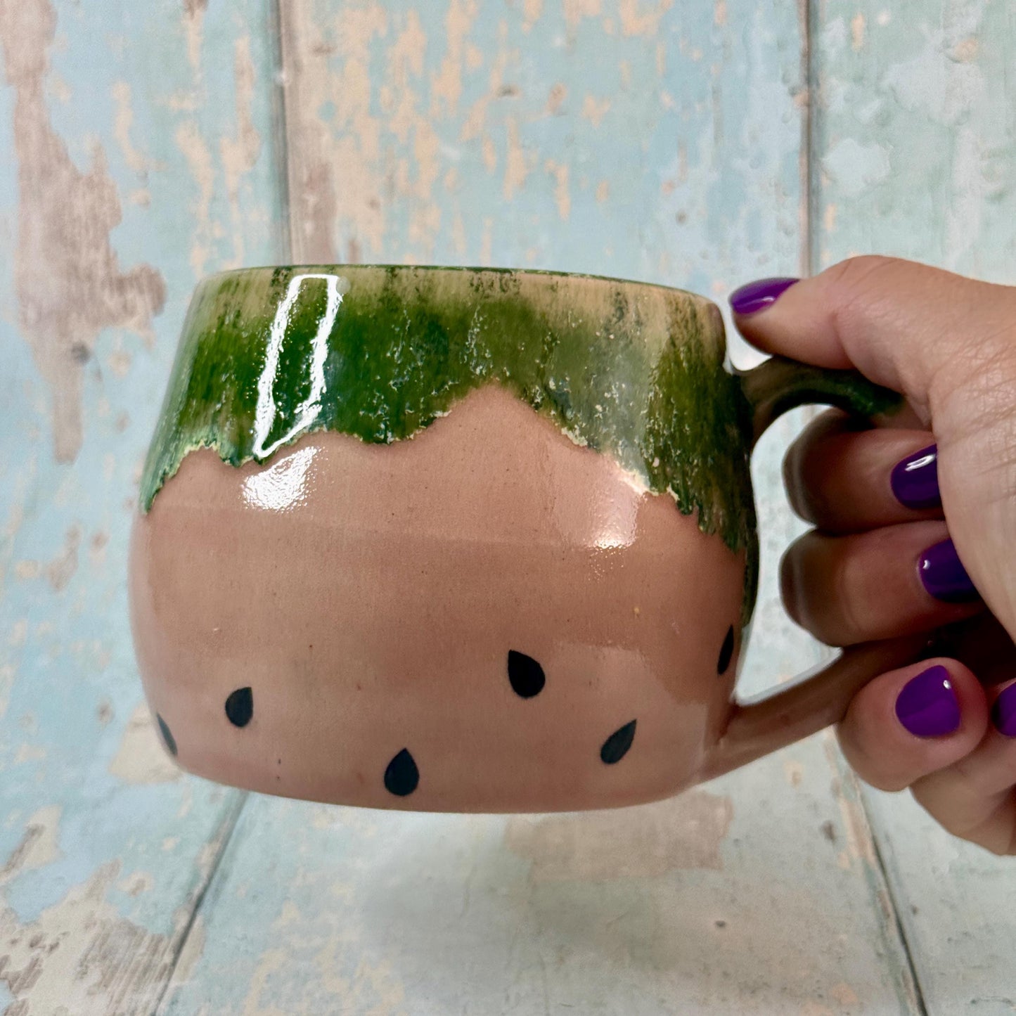 Ceramic Watermelon Mug, Large Pink and Green Cup