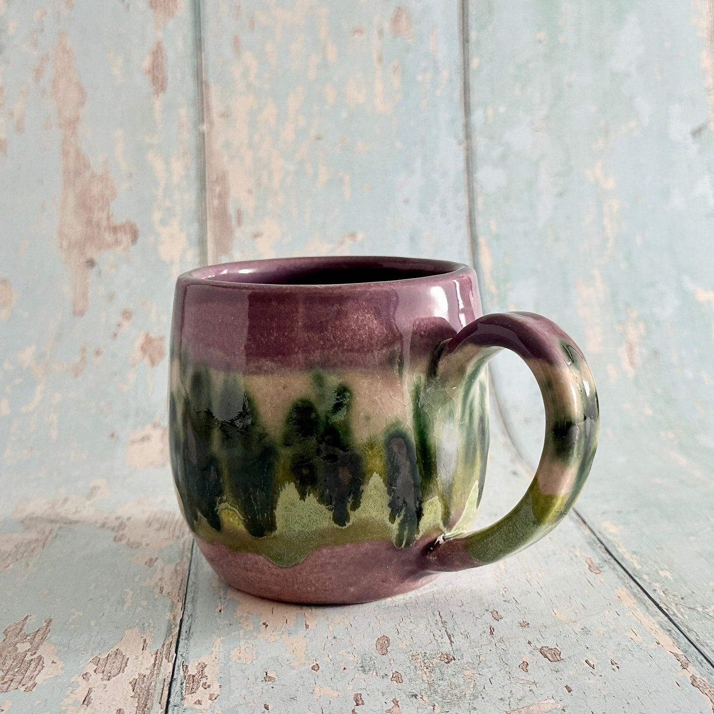 Handmade Purple and Green Mug, Drippy Glazed Ceramic Cup