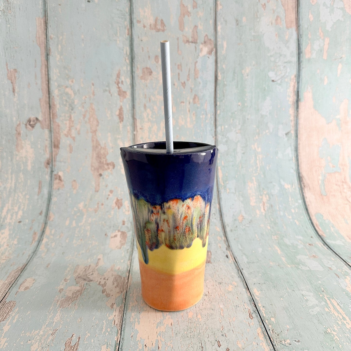 Blue, Yellow and Orange Straw-holder Tumbler, Large Ceramic Cup