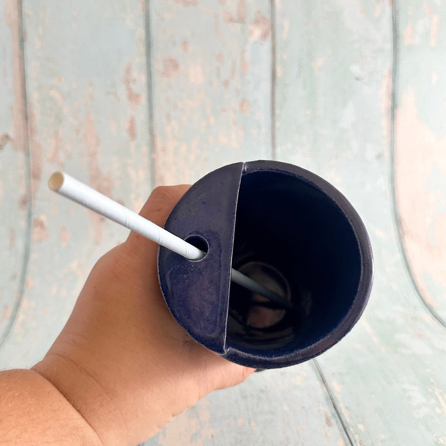 Blue Straw-holder Tumbler, Large Ceramic Cup