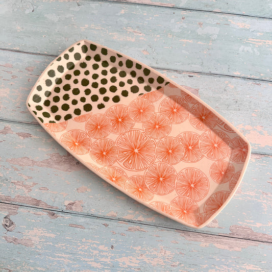 Orange and Green Platter, Large Handmade Rectangle Ceramic Plate