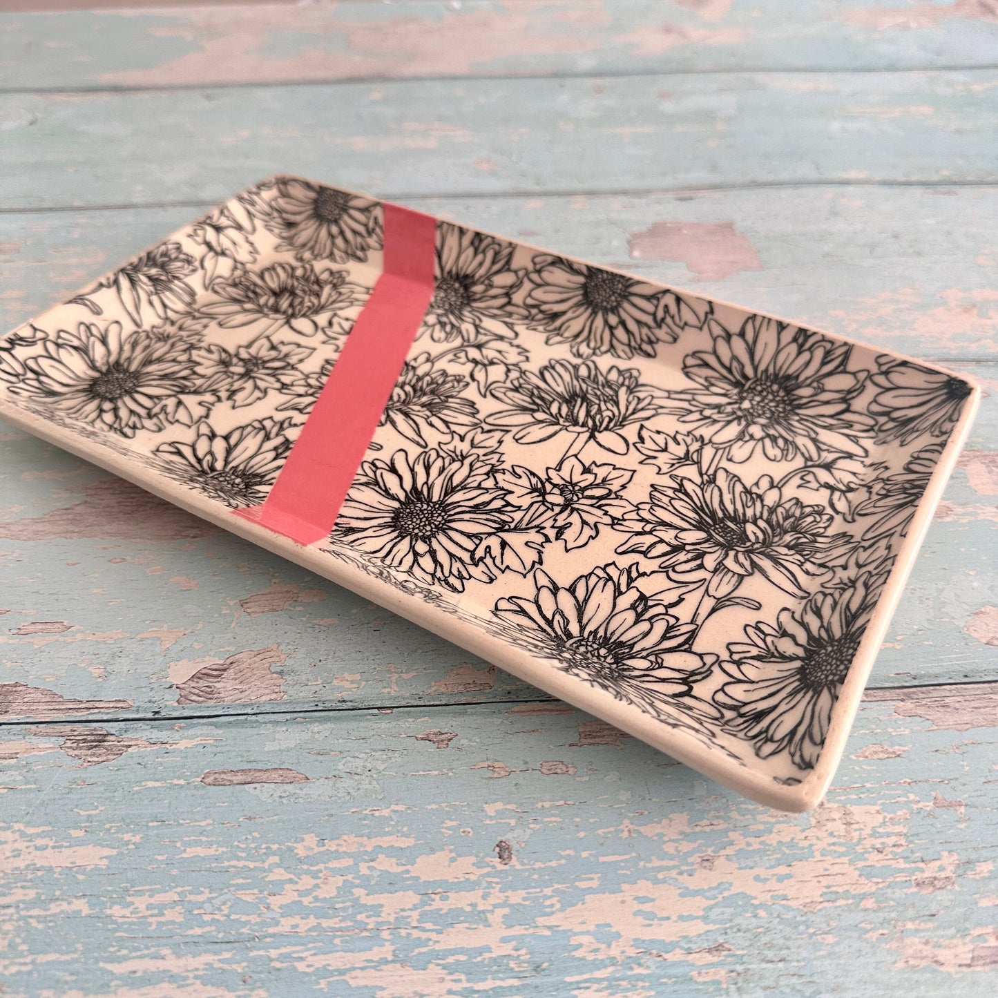 Pink Daisy Platter, Large Handmade Rectangle Ceramic Plate