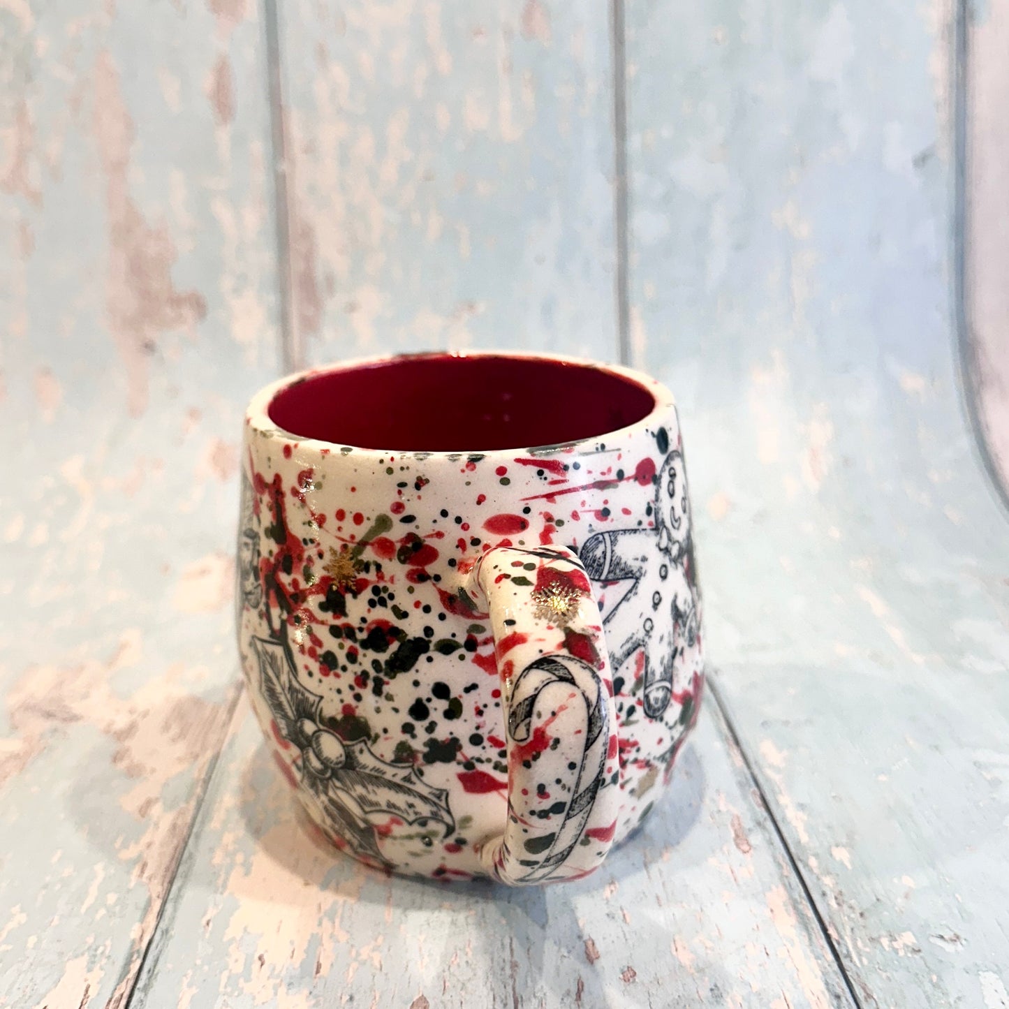 Large Christmas Mug, Handmade Ceramic Cup, Green Red Gold