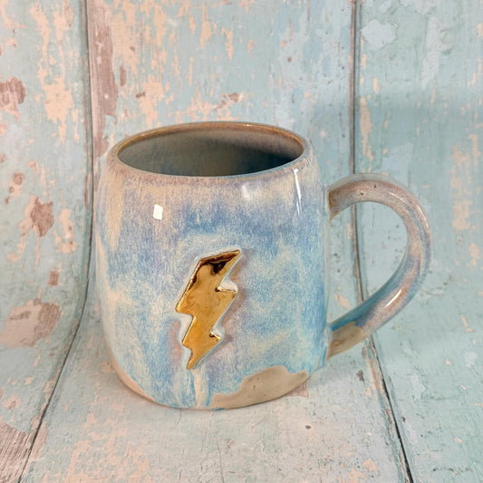 Blue and Gold Lightning Bolt Mug, Handmade Ceramic Cup