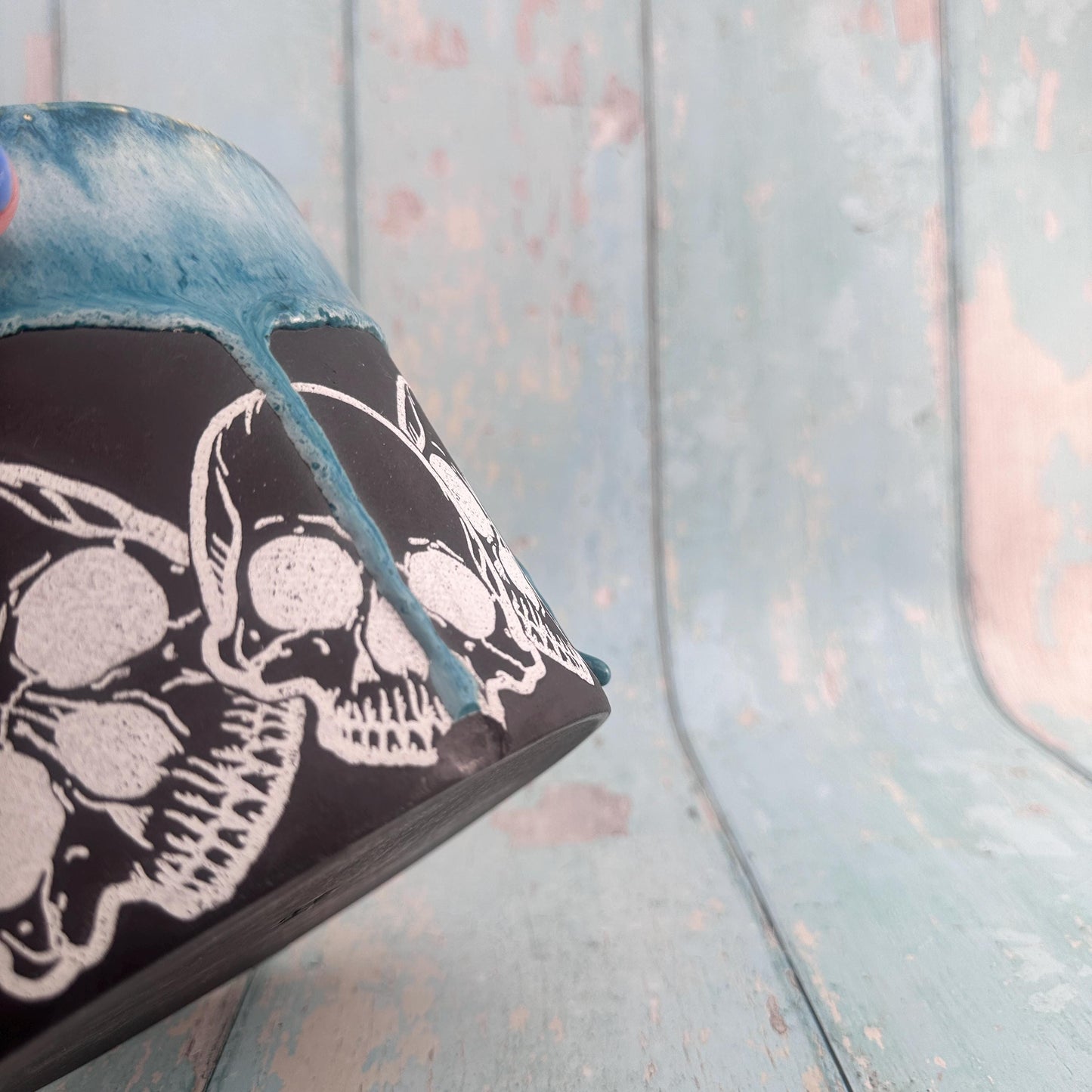 Teal and Black Skull Planter, Ceramic Plant Pot - Second