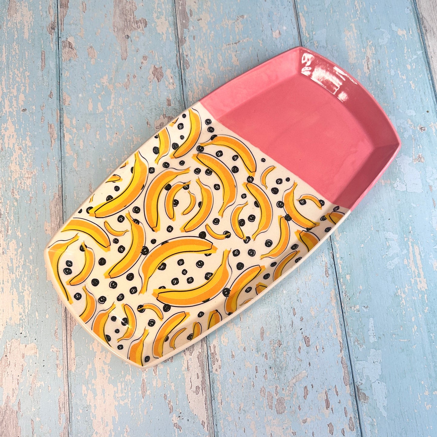 Large Banana Platter, Yellow and Pink Handmade Rectangle Ceramic Plate
