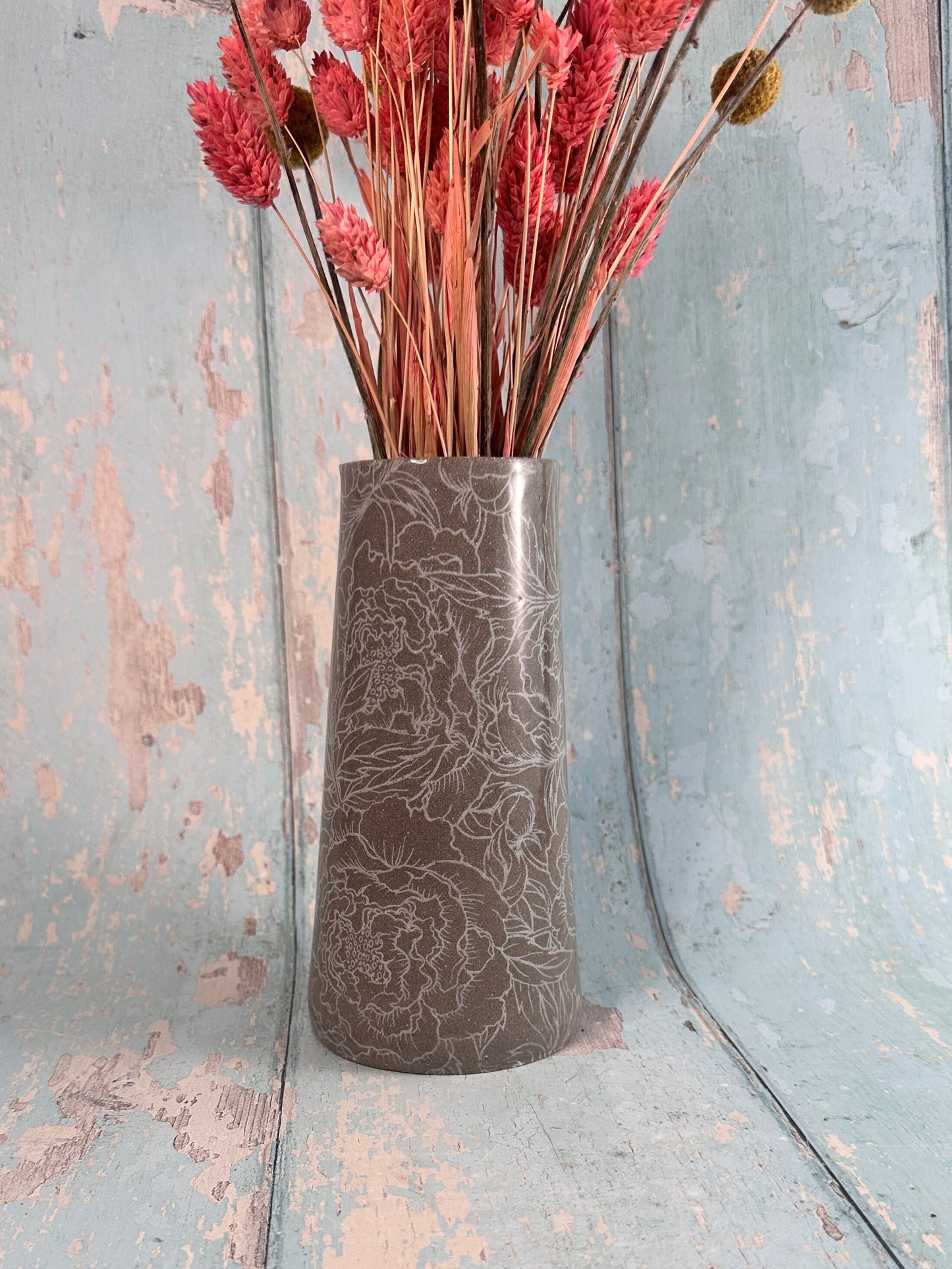 Grey Peony Ceramic Vase, Handmade Modern Pottery