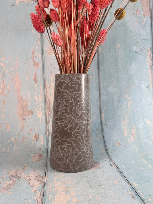 Grey Peony Ceramic Vase, Handmade Modern Pottery
