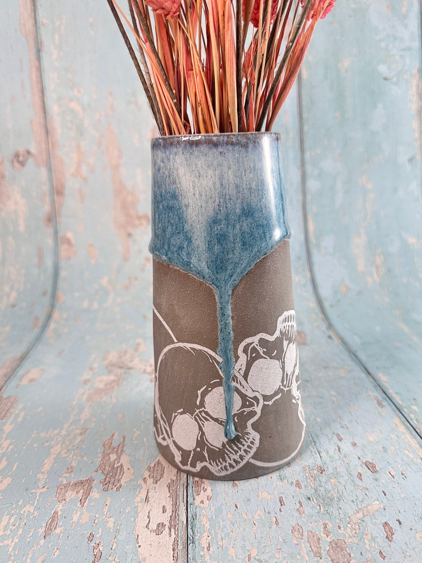 Blue Skull Floral Ceramic Vase, Handmade Modern Pottery