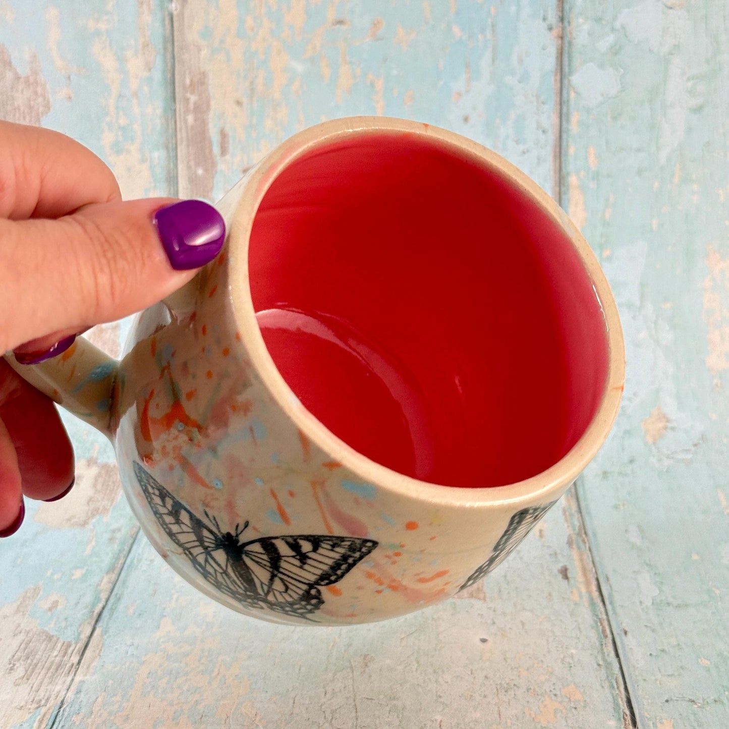 Pastel Pink Handmade Butterfly Mug, Large Ceramic Cup