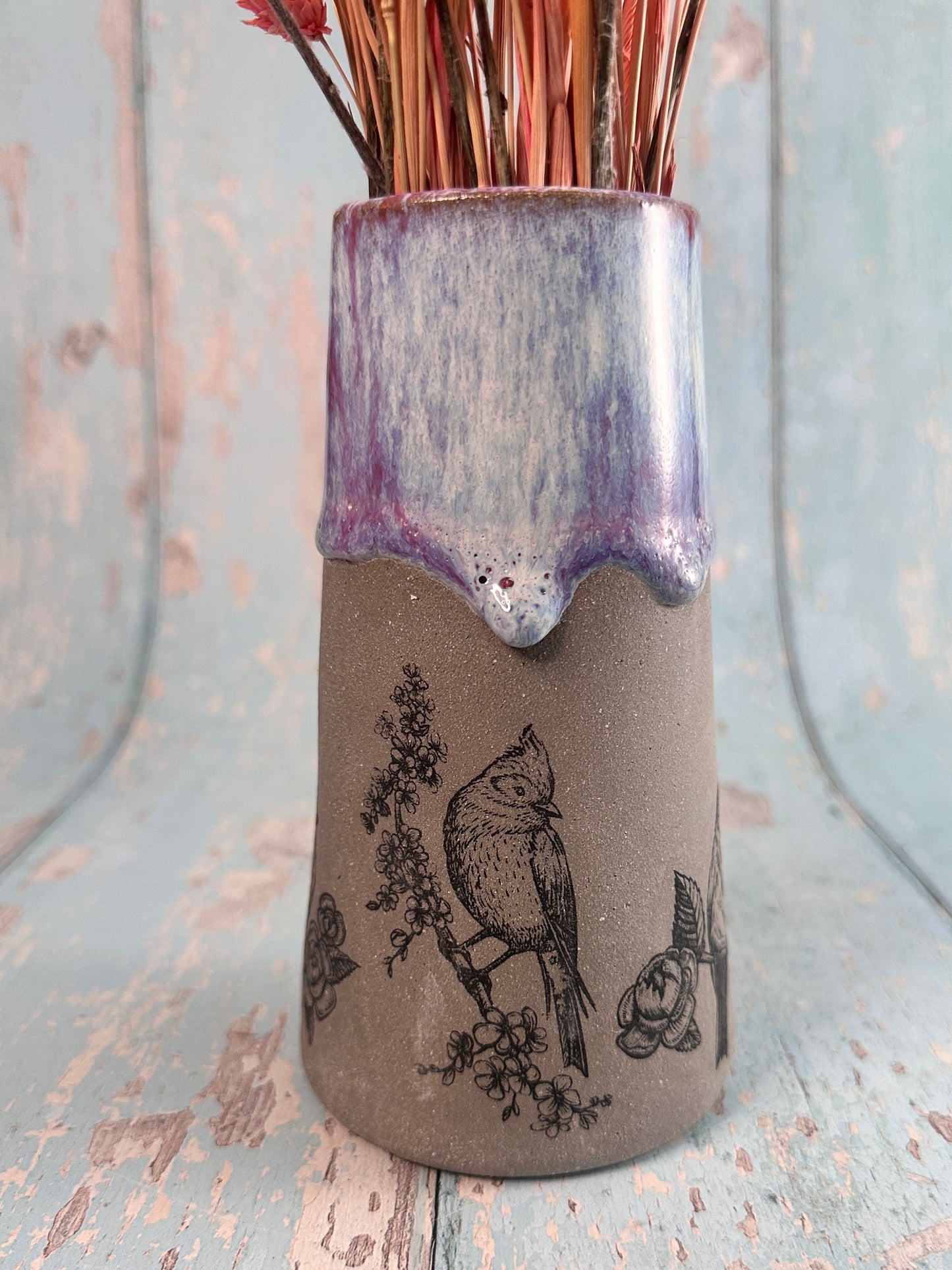 Purple Bird Floral Ceramic Vase, Handmade Modern Pottery