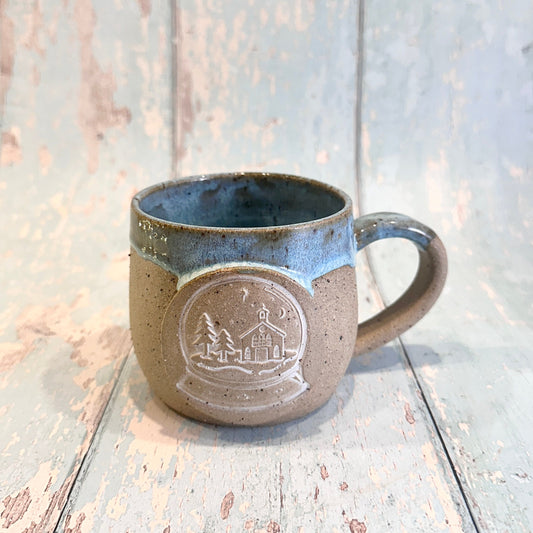 Blue Christmas Snow Globe Mug, Handmade Ceramic Cup
