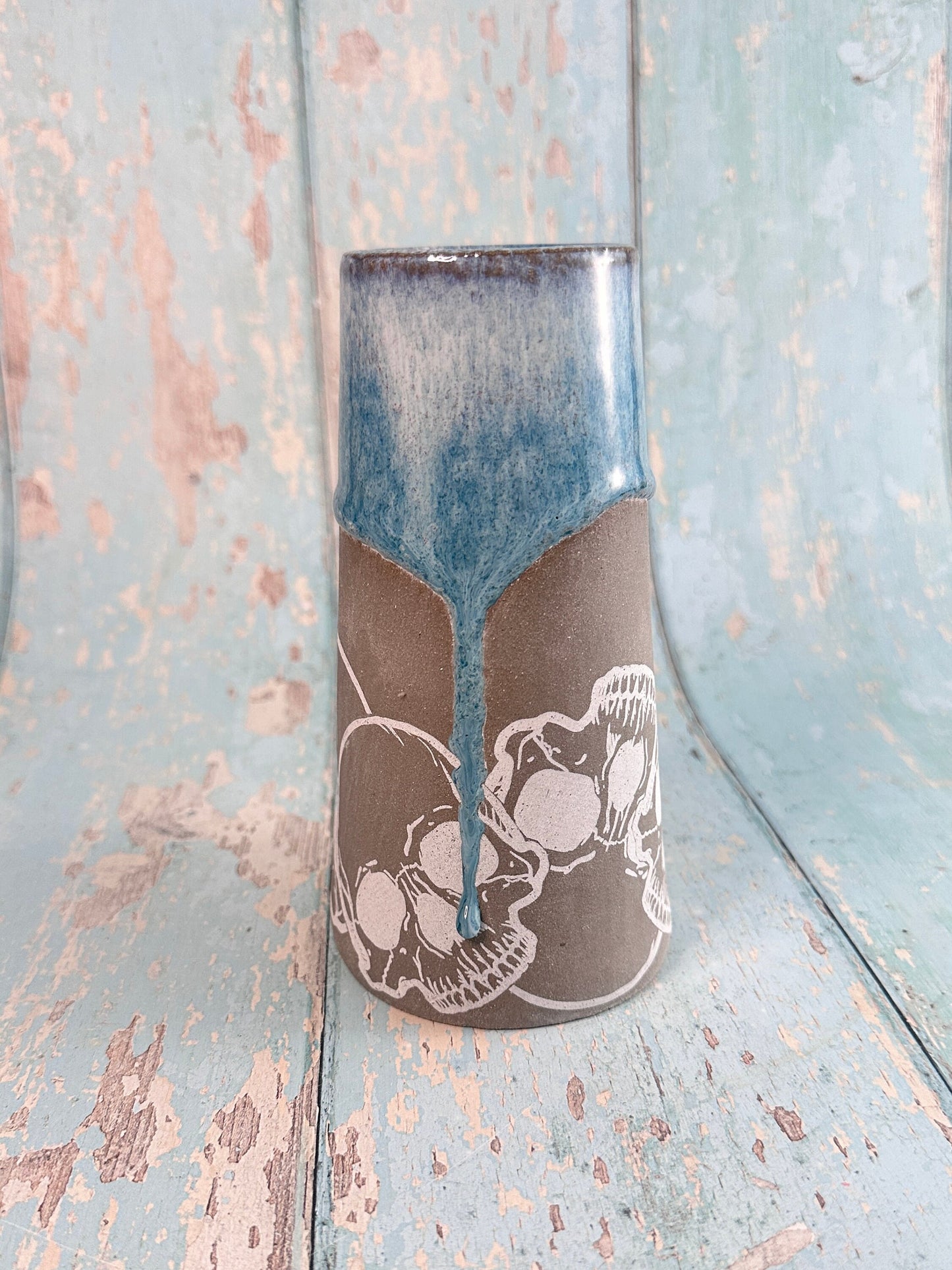 Blue Skull Floral Ceramic Vase, Handmade Modern Pottery