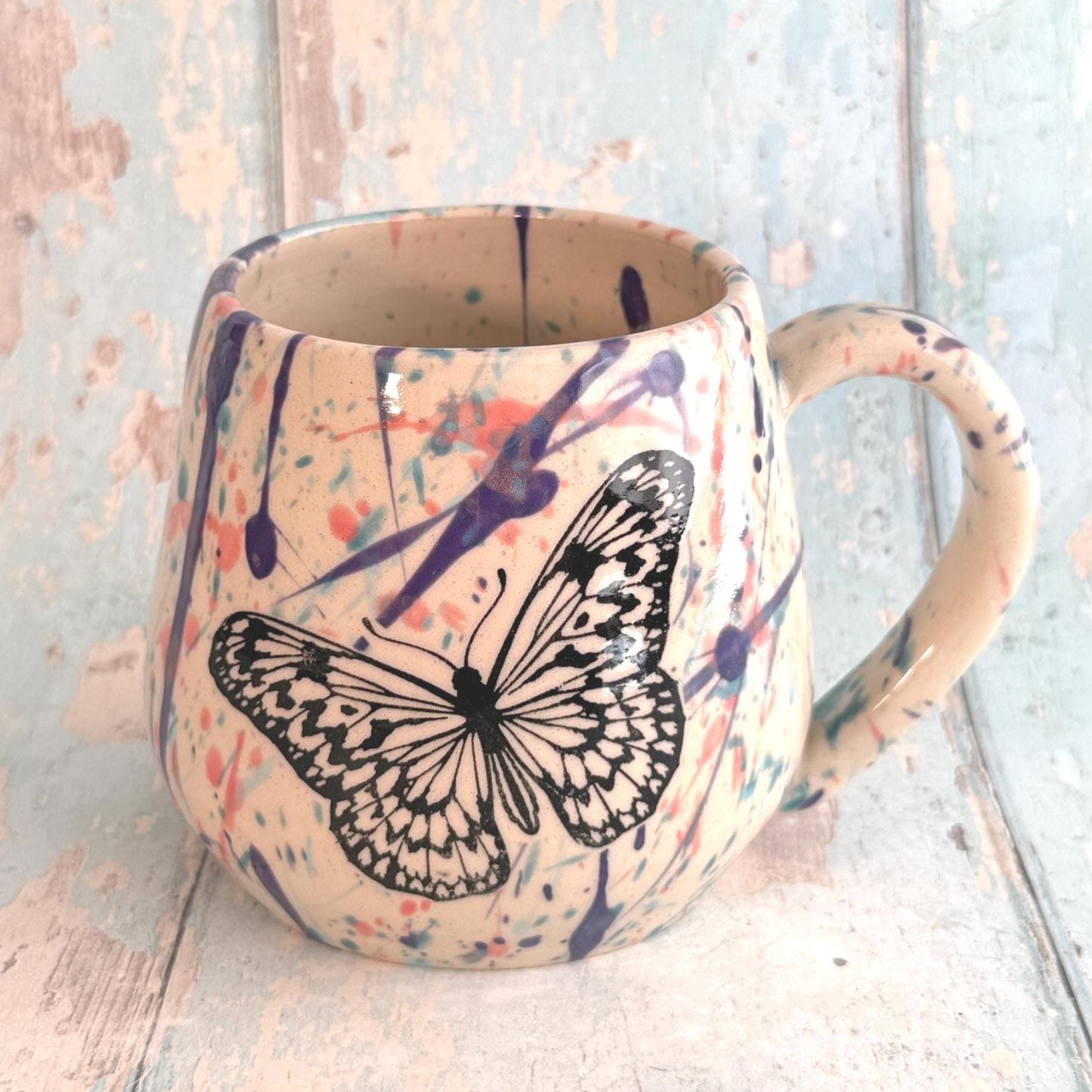 Purple & Pink Butterfly Mug, Handmade Ceramic Cup