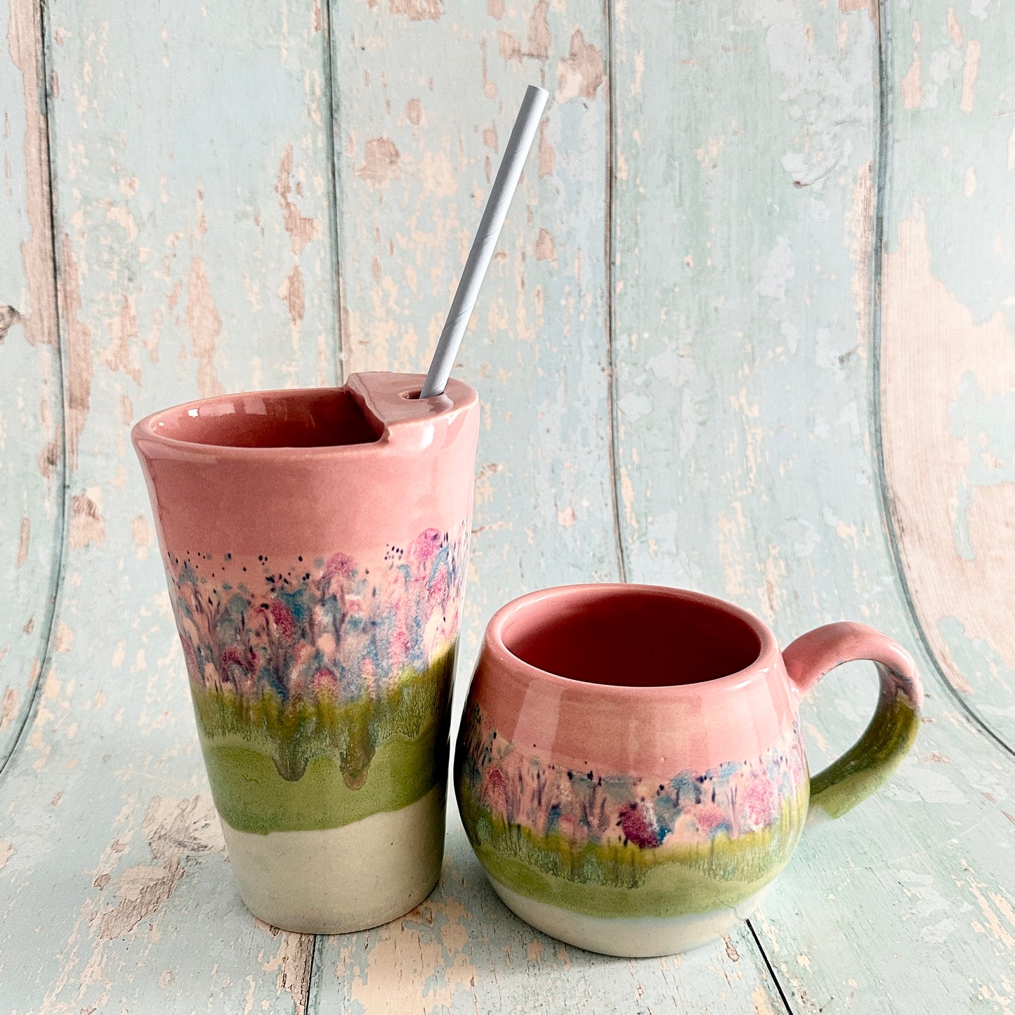 Pink and Green Straw Holder Tumbler, Large Ceramic Cup