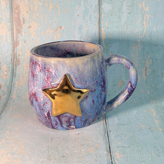 Purple Gold Star Mug, Handmade Ceramic Mug