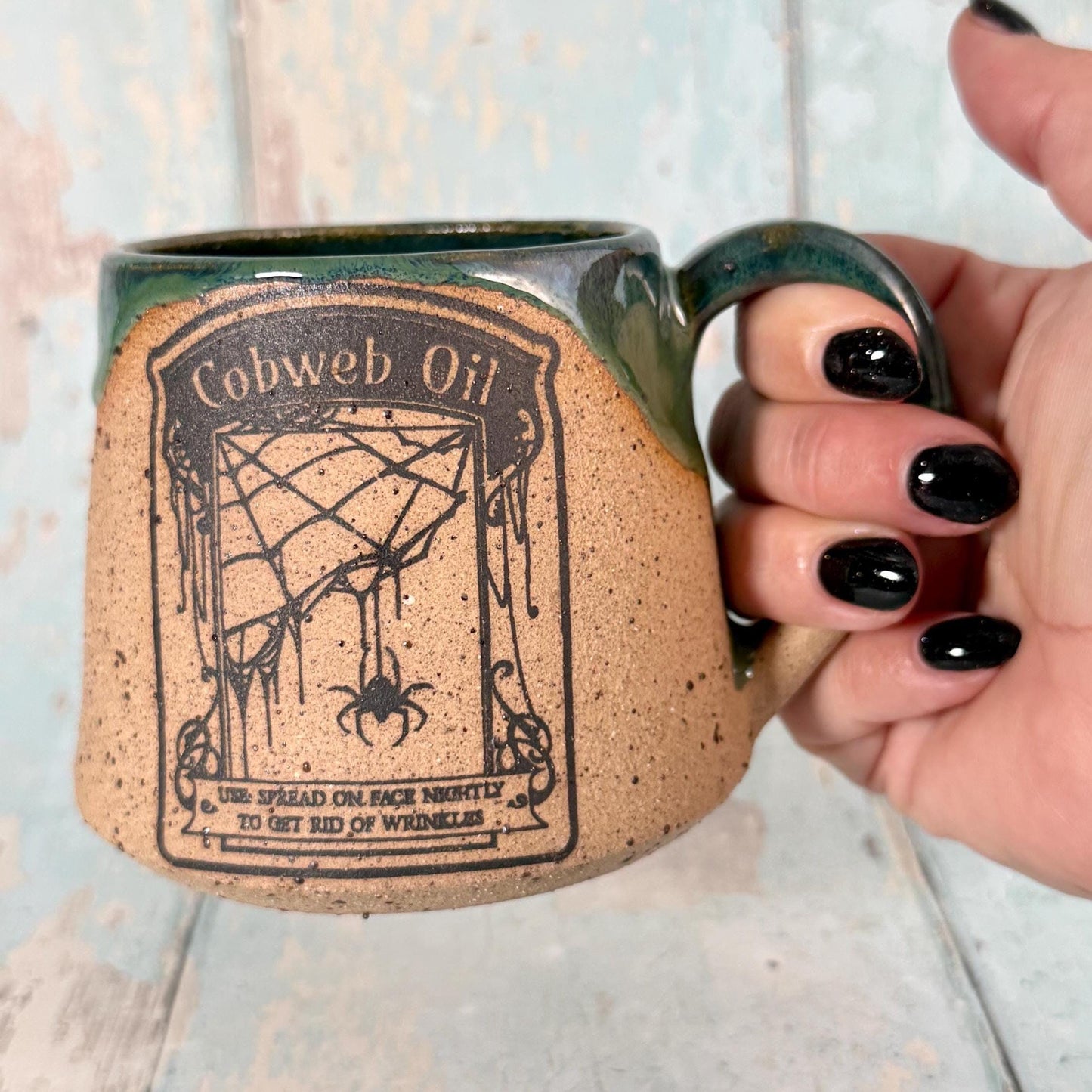 Green "Cobweb oil" Witch Label Mug Halloween Spooky Season Cup