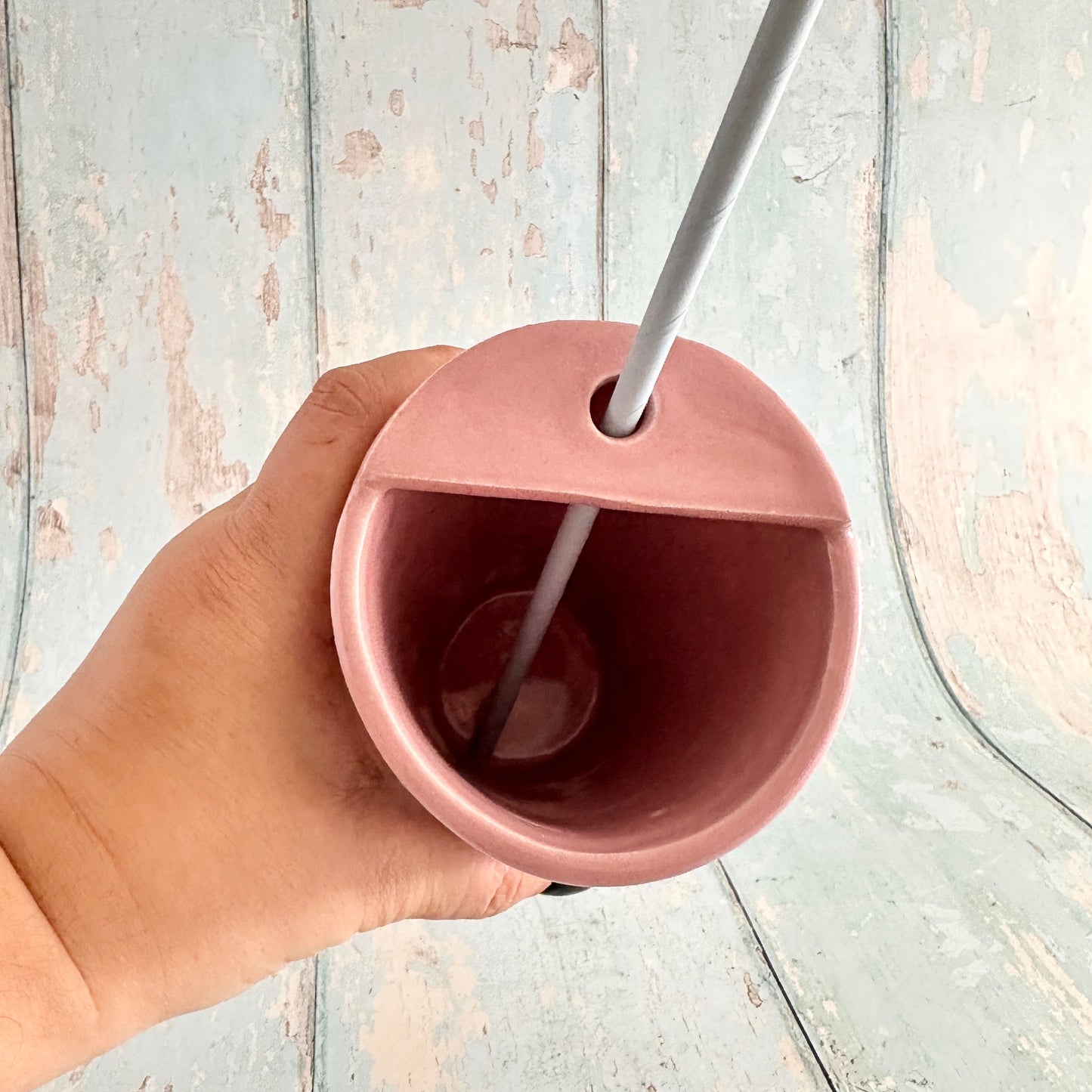 Pink and Green Straw Holder Tumbler, Large Ceramic Cup