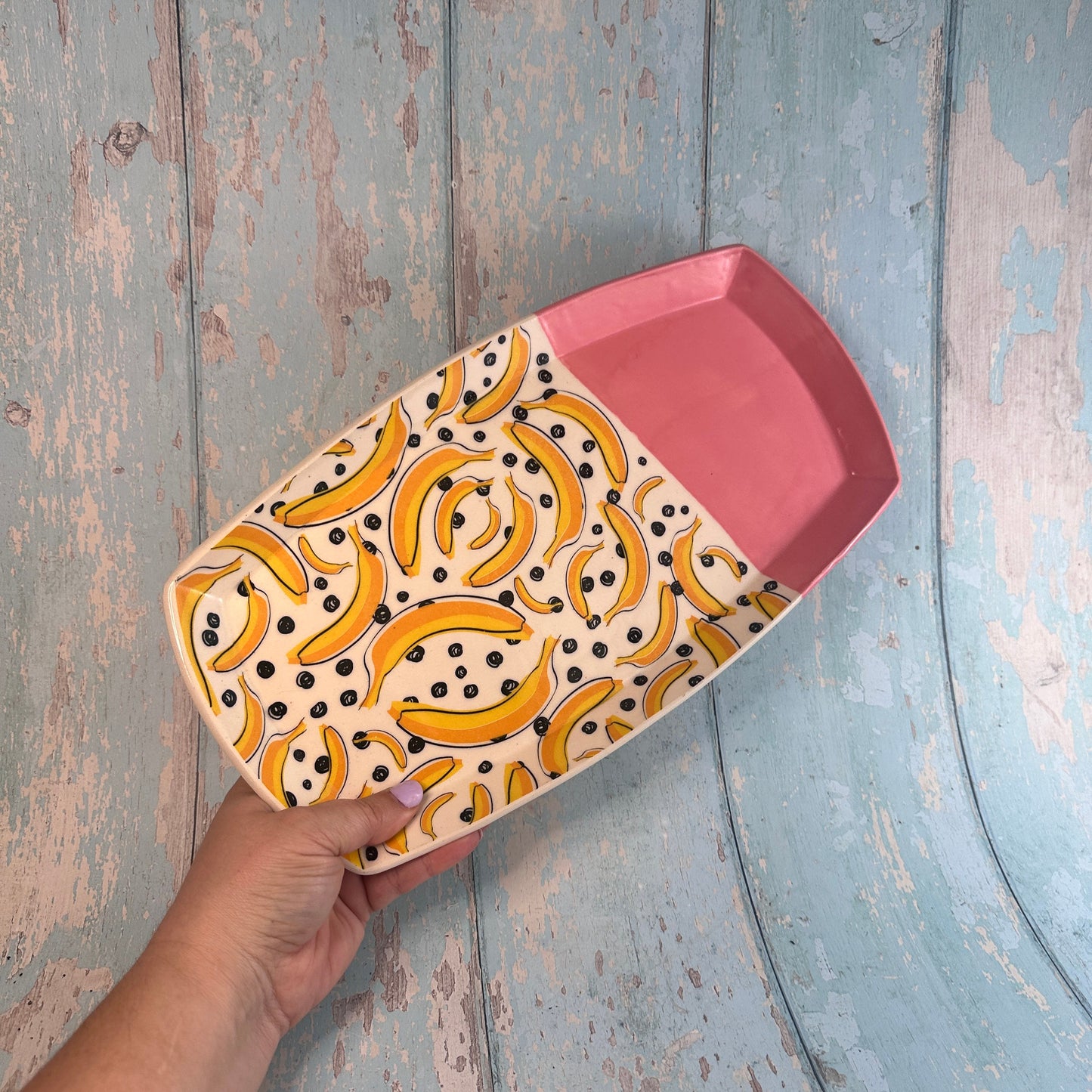 Large Banana Platter, Yellow and Pink Handmade Rectangle Ceramic Plate