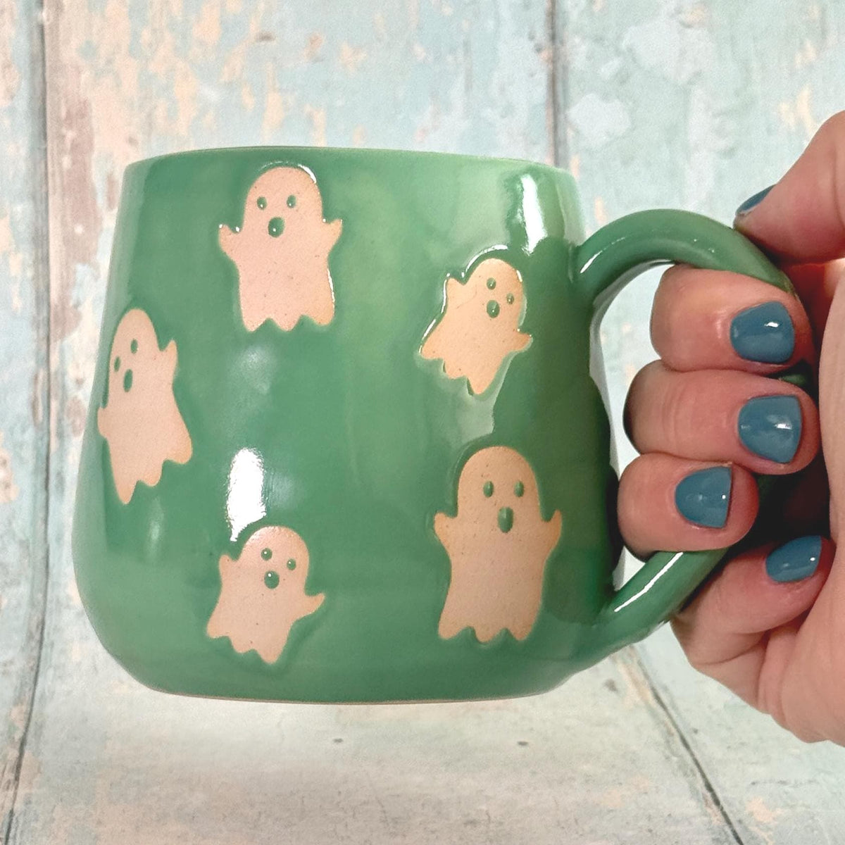 Green Ghost Mug, Handmade Ceramic Cup, Spooky Halloween Mug - FJD Ceramics