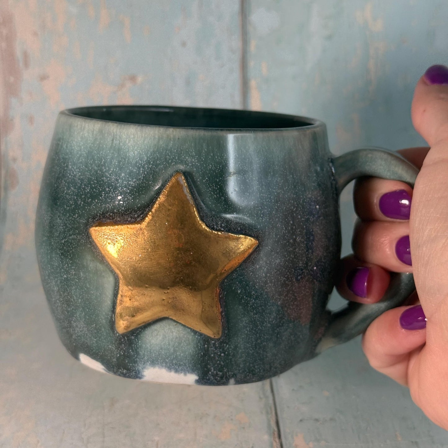 Green Gold Star Mug, Handmade Ceramic Mug - FJD Ceramics