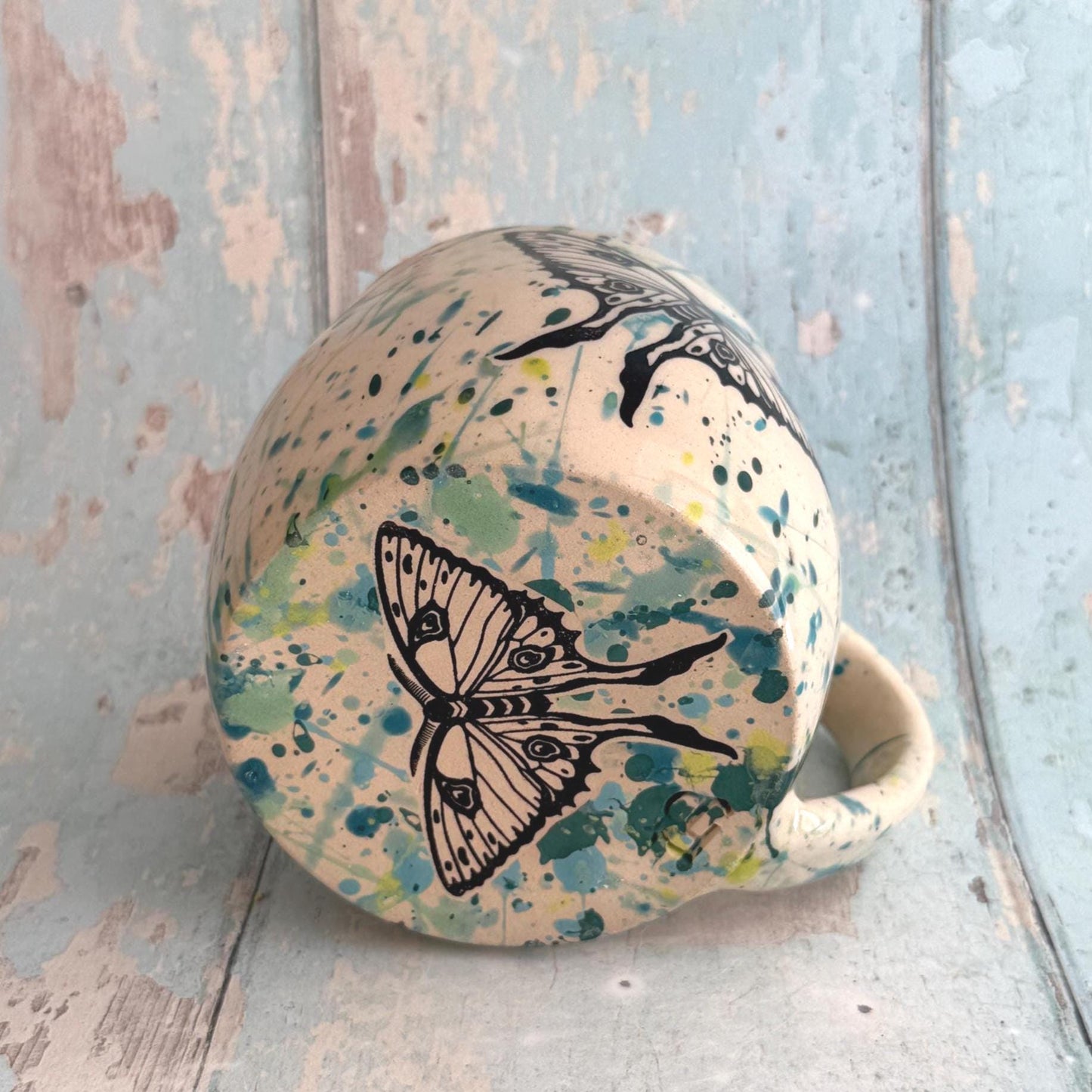 Green Luna Moth Mug, Handmade Ceramic Cup - FJD Ceramics