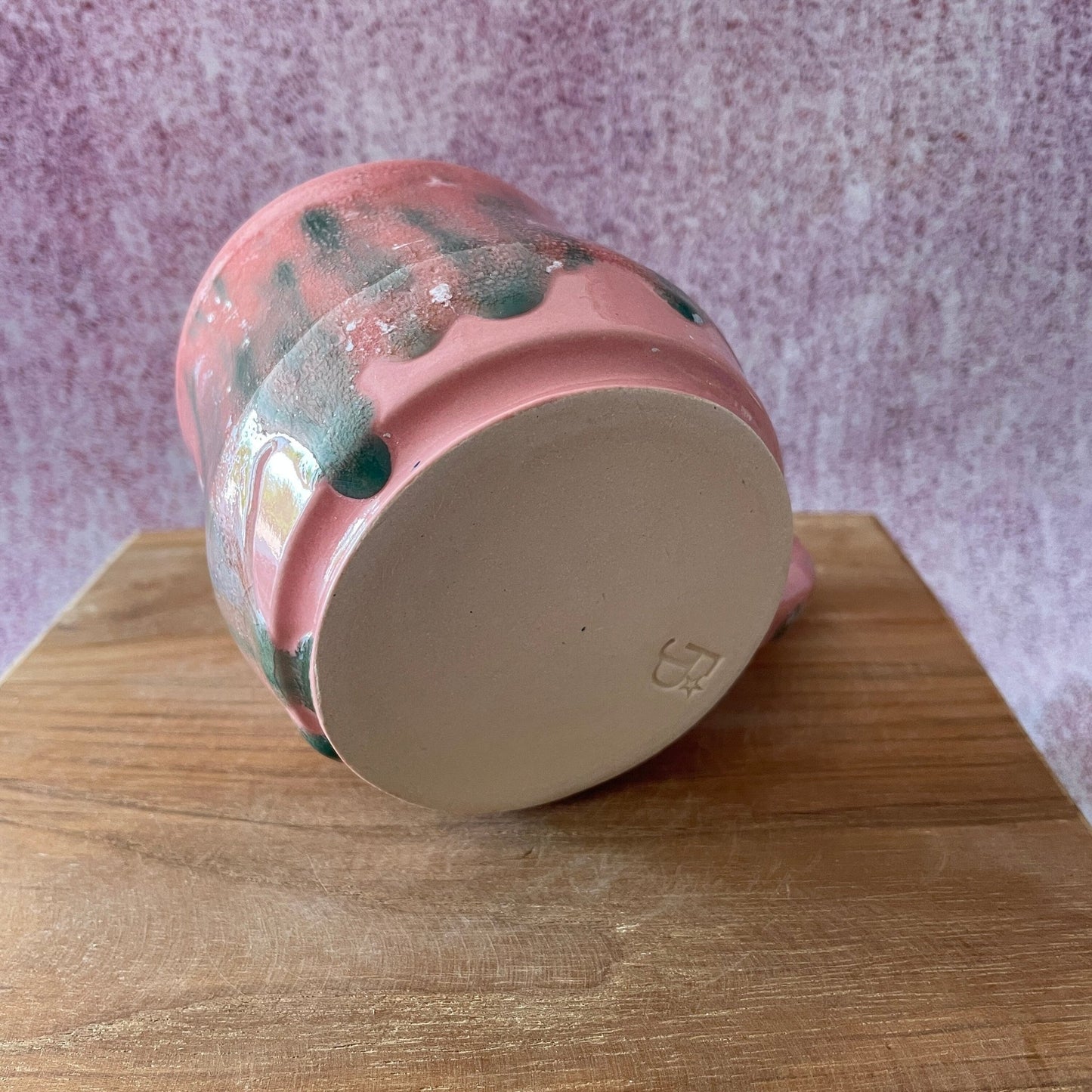 Handmade Coral Pink and Green Drippy Glazed Ceramic Mug - FJD Ceramics