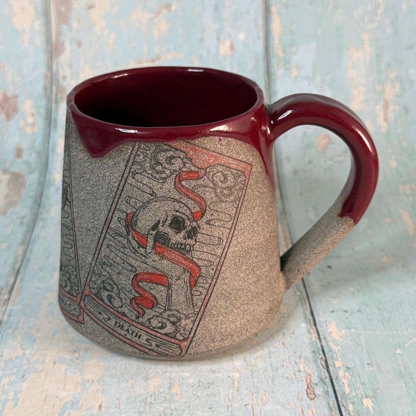 Burgundy Red and Grey Tarot Mug, Large Ceramic Cup