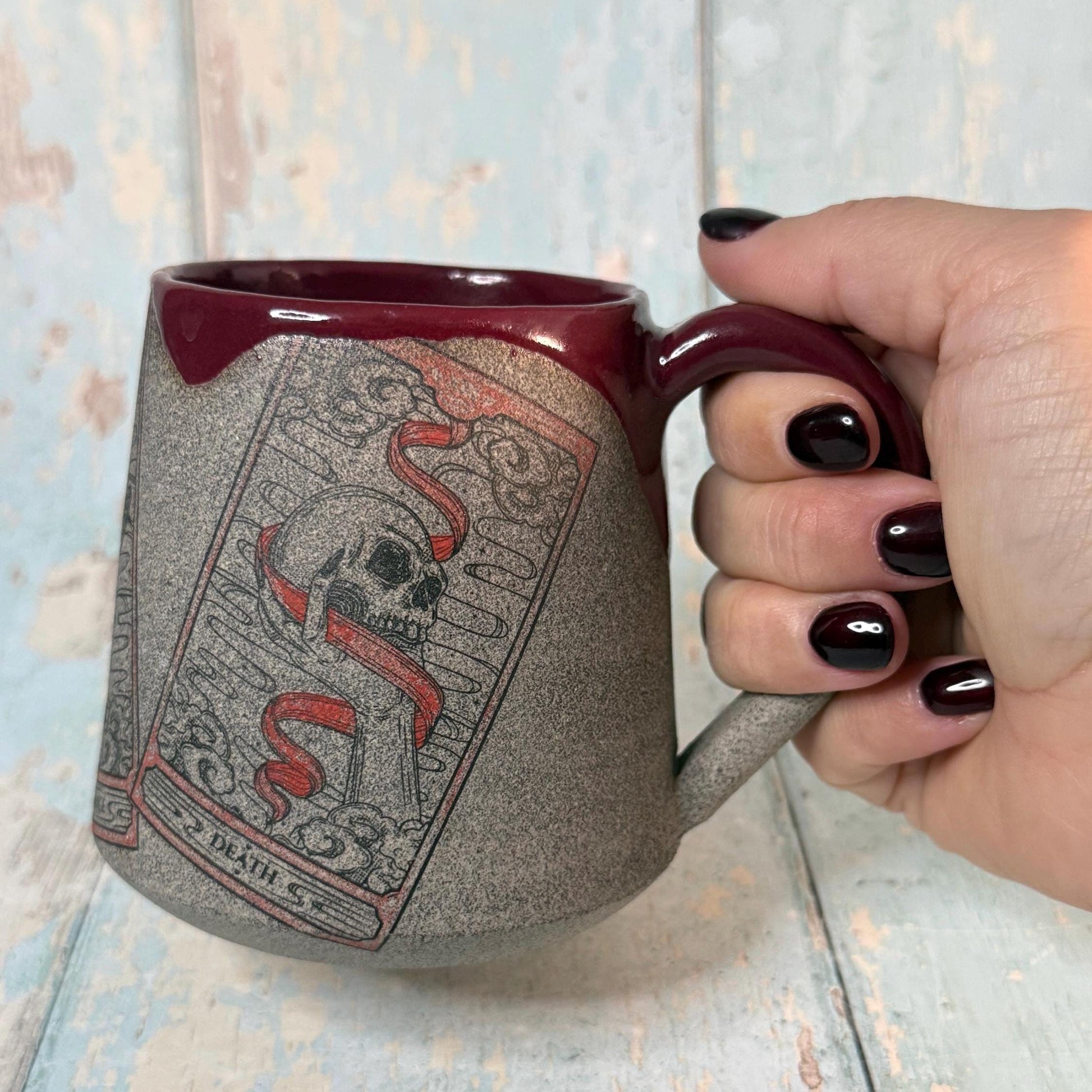 Burgundy Red and Grey Tarot Mug, Large Ceramic Cup