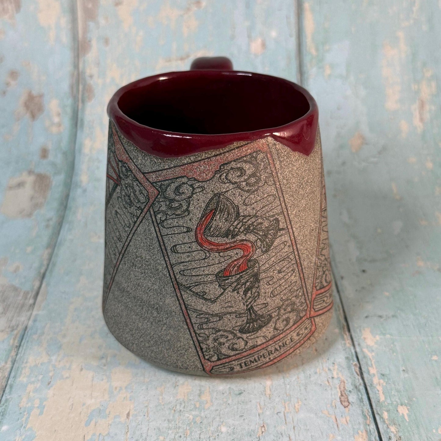 Burgundy Red and Grey Tarot Mug, Large Ceramic Cup