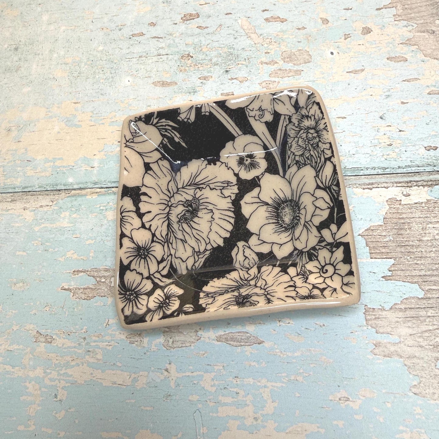 Small Square Black & White Floral Ring Dish, Handmade Ceramic Pot
