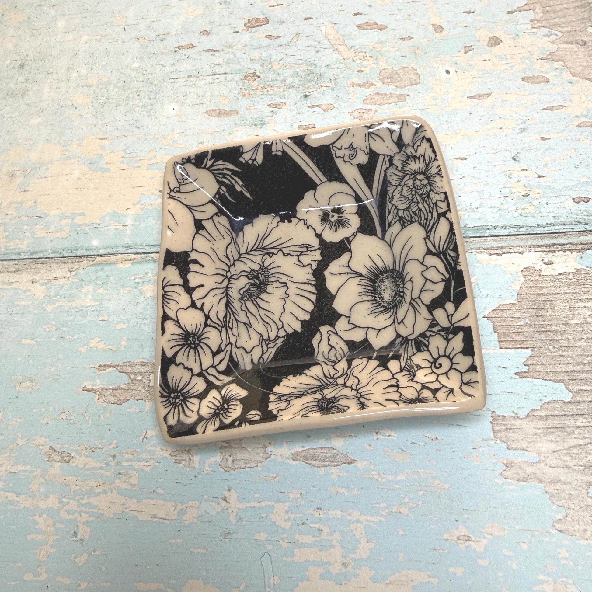 Small Square Black & White Floral Ring Dish, Handmade Ceramic Pot