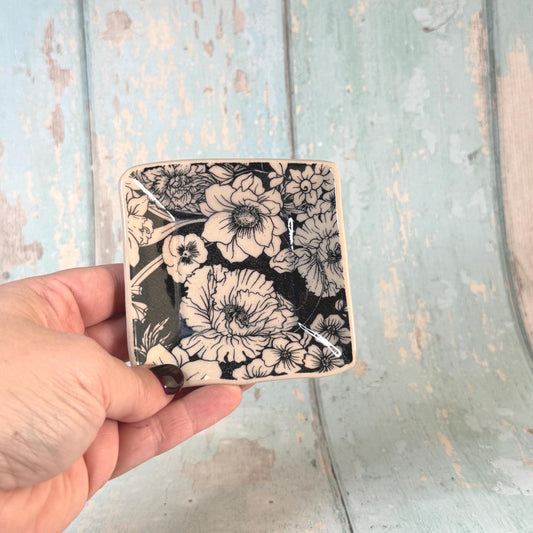 Small Square Black & White Floral Ring Dish, Handmade Ceramic Pot