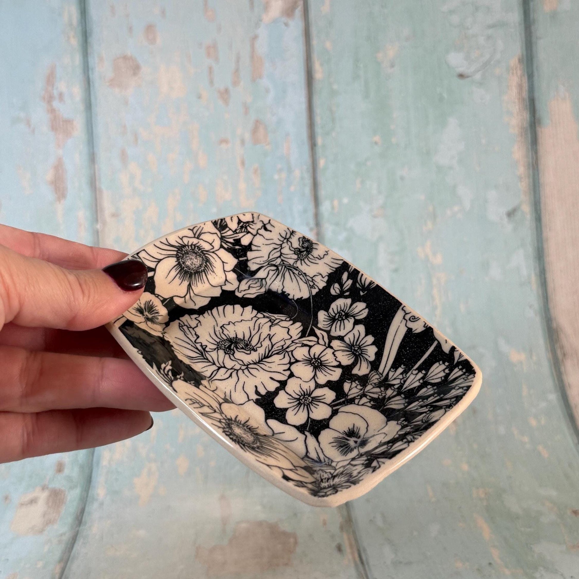 Small Black & White Floral Ring Dish, Handmade Rectangle Ceramic Pot