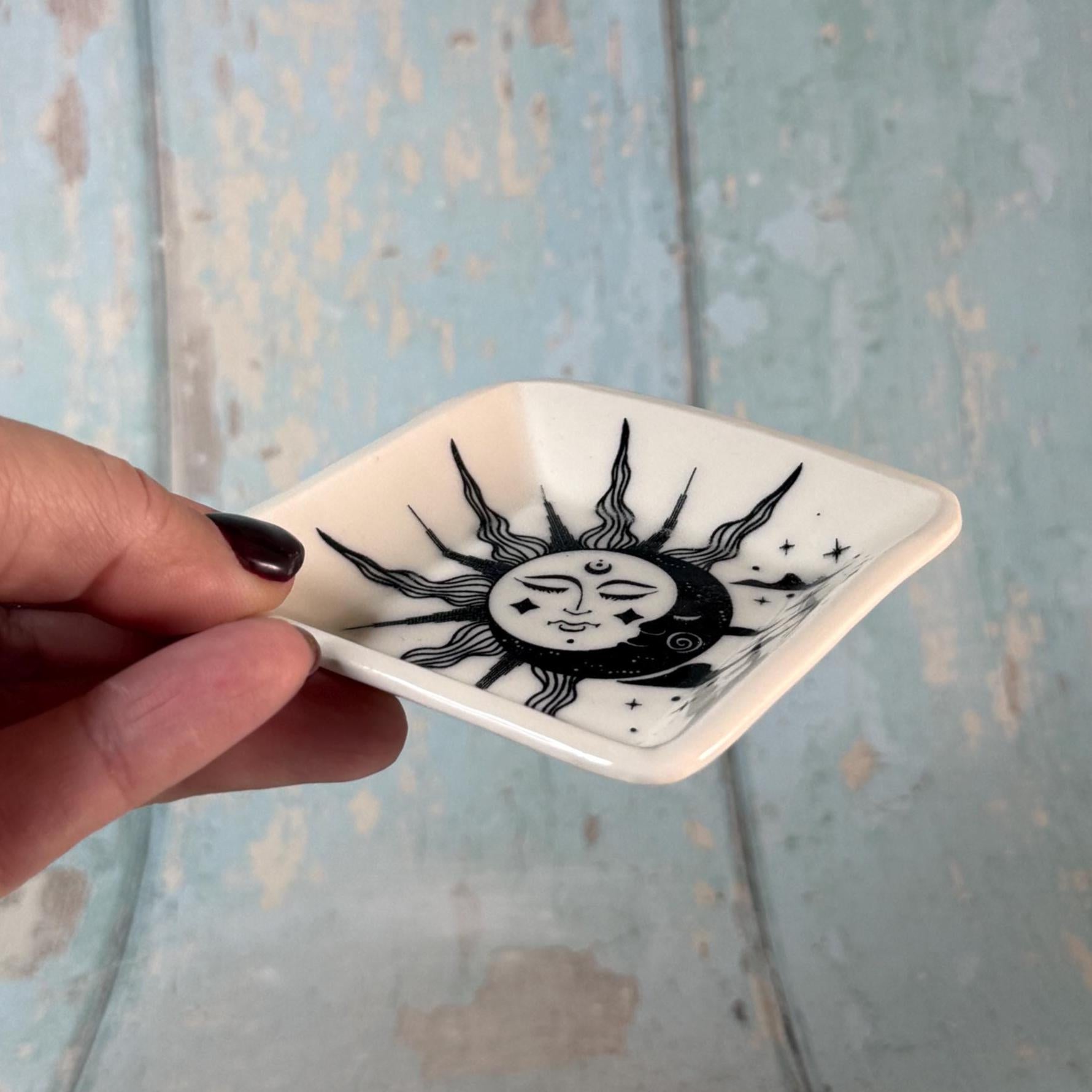 Small Black & White Sun and Moon Ring Dish, Handmade Square Ceramic Pot