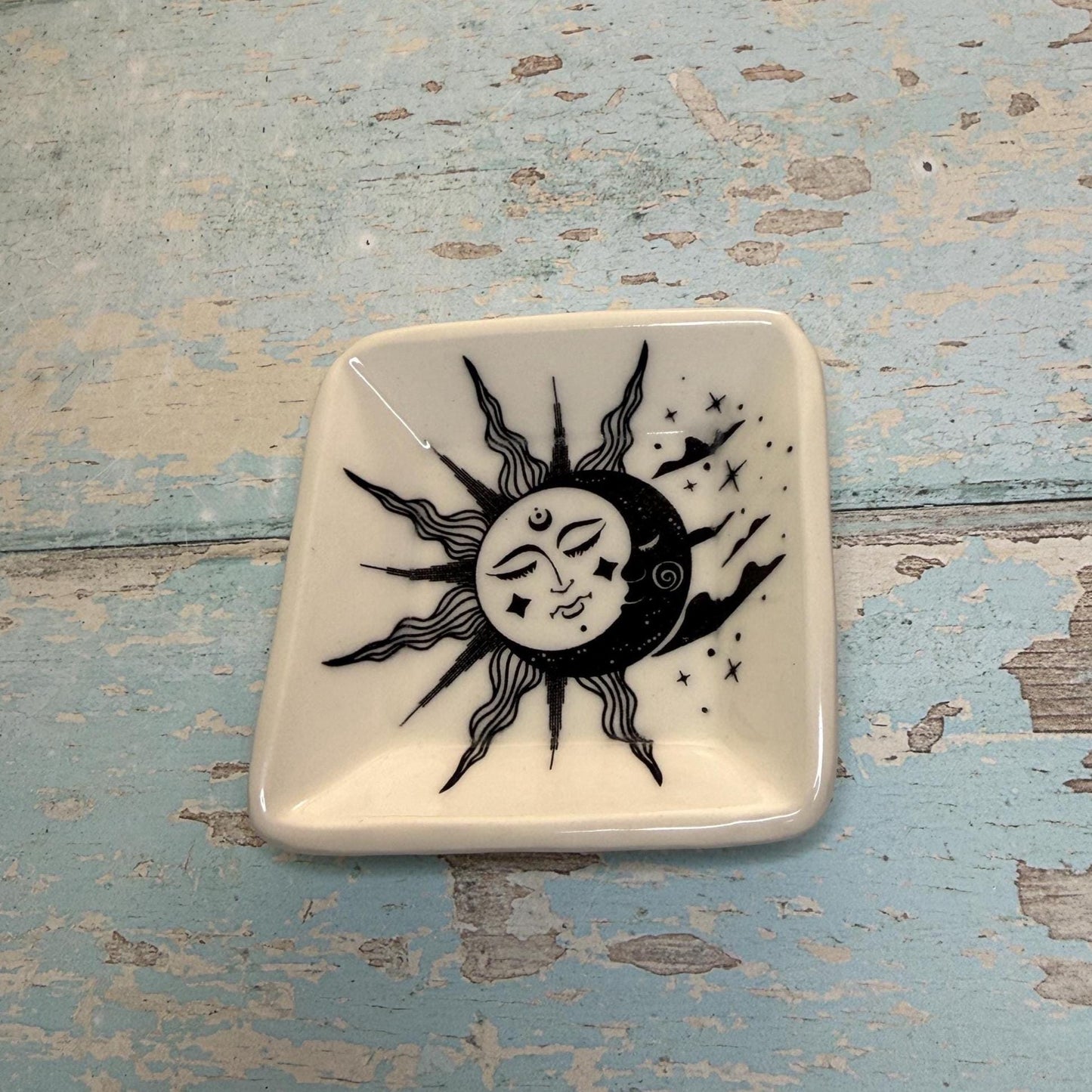 Small Black & White Sun and Moon Ring Dish, Handmade Square Ceramic Pot