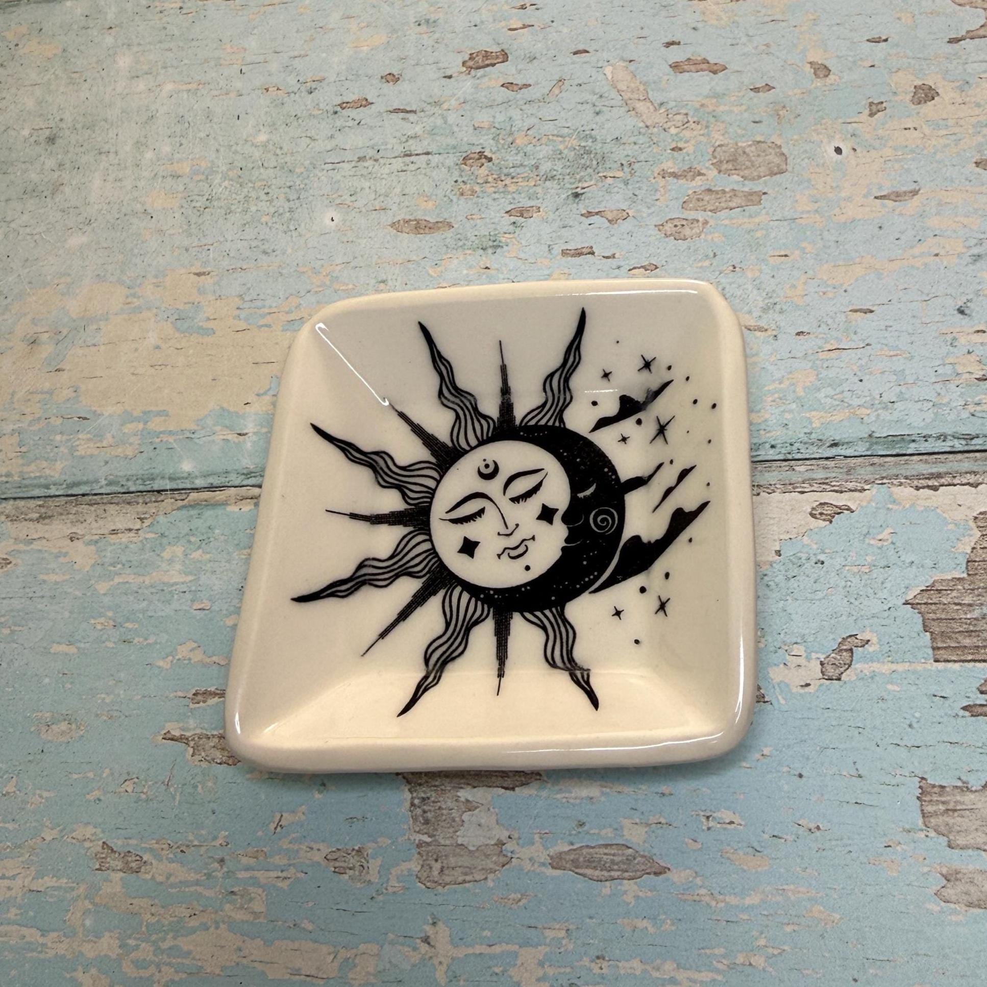 Small Black & White Sun and Moon Ring Dish, Handmade Square Ceramic Pot