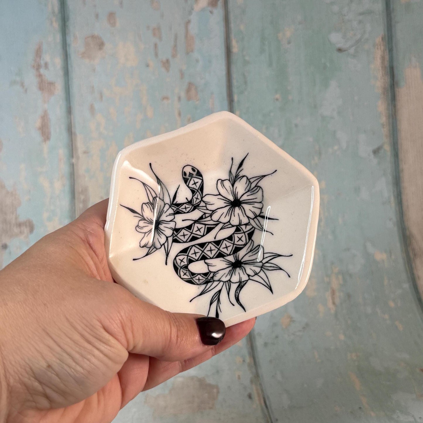 Black & White Snake Jewellery Dish, Handmade Hexagon Ceramic Pot