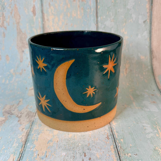 Teal Green Moon and Star Planter, Ceramic Plant Pot