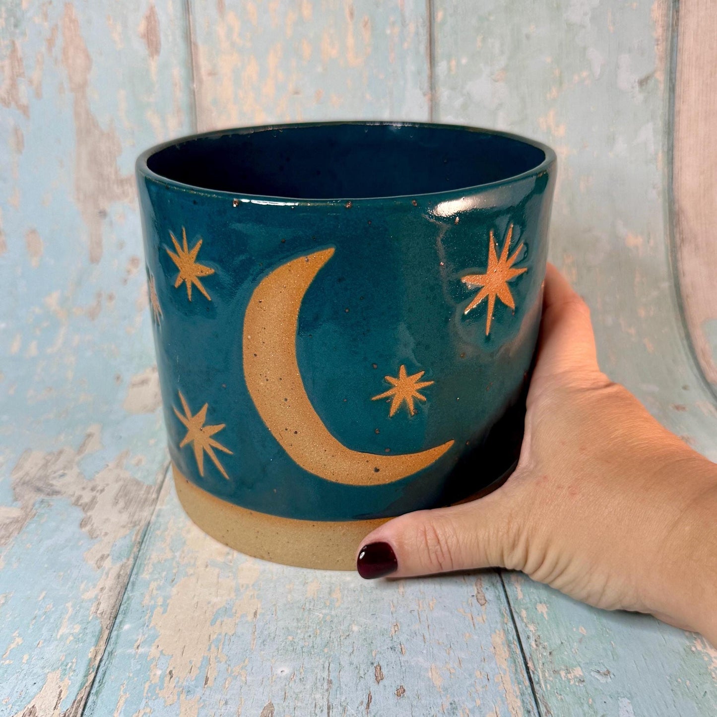 Teal Green Moon and Star Planter, Ceramic Plant Pot