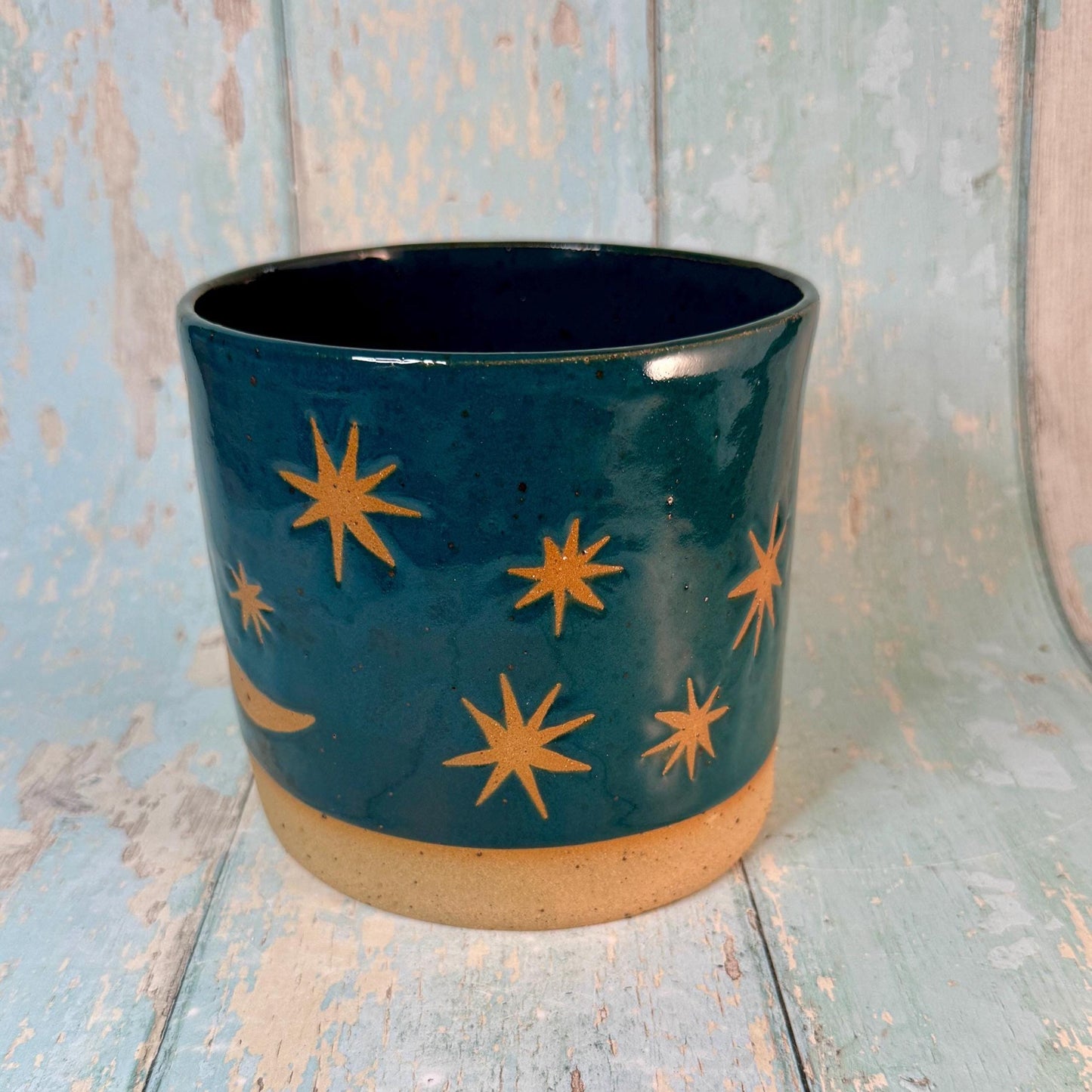 Teal Green Moon and Star Planter, Ceramic Plant Pot