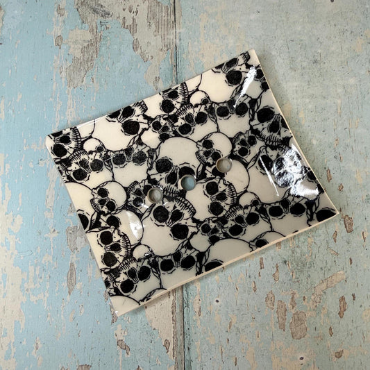 Black and White Skull Floral Ceramic Soap Dish