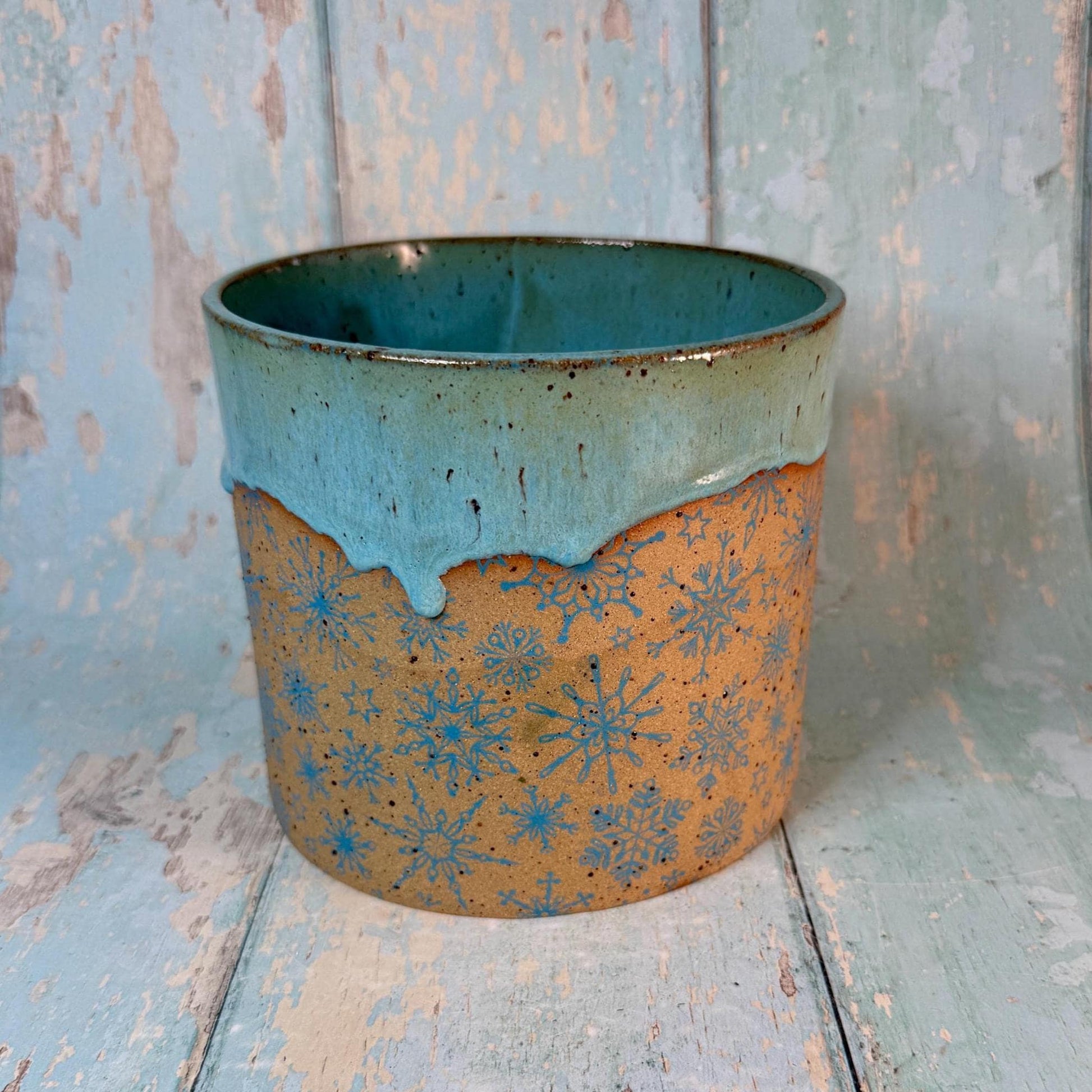 Turquoise Christmas Snowflake Ceramic Planter, Indoor Plant Pot