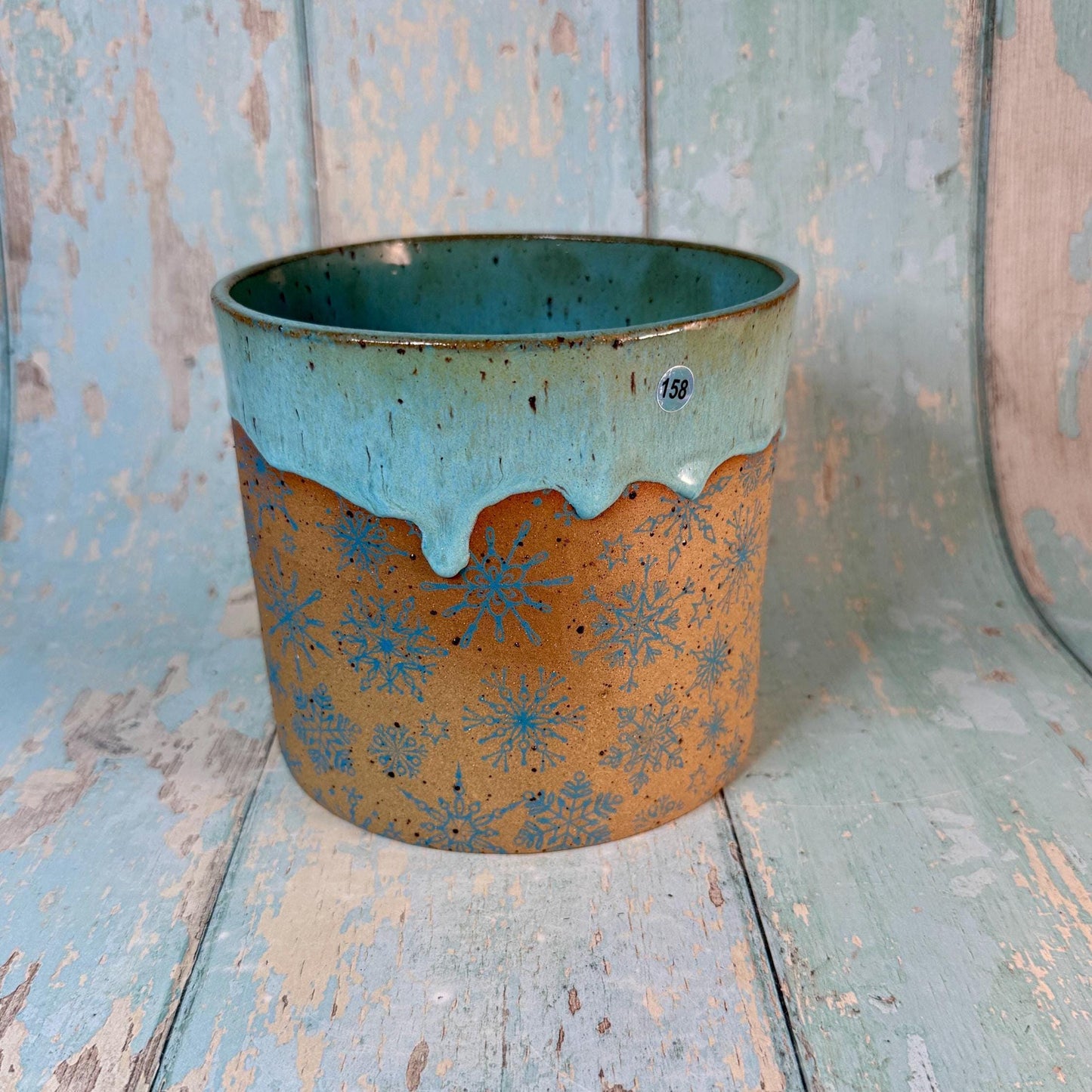 Turquoise Christmas Snowflake Ceramic Planter, Indoor Plant Pot