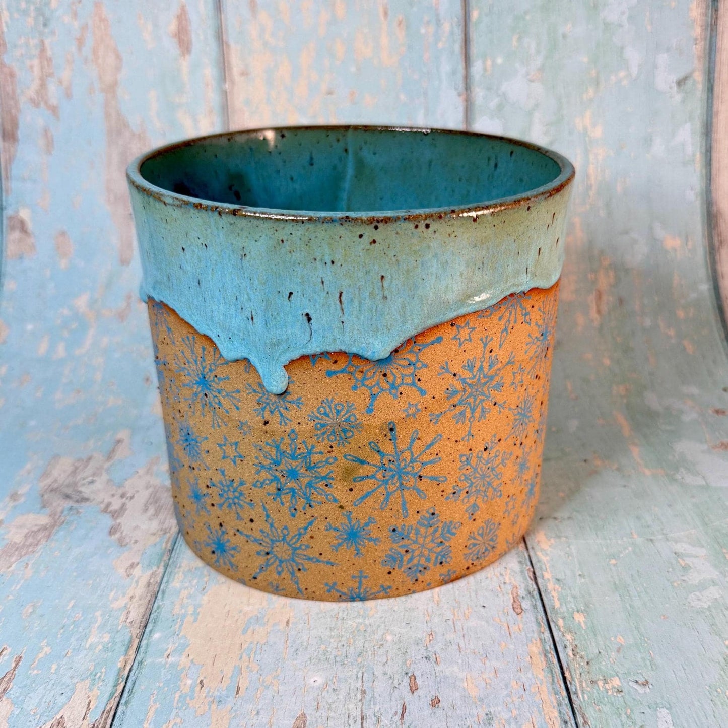 Turquoise Christmas Snowflake Ceramic Planter, Indoor Plant Pot