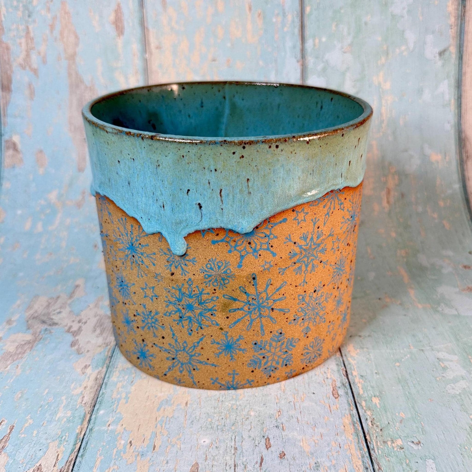 Turquoise Christmas Snowflake Ceramic Planter, Indoor Plant Pot