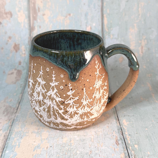 Green and White Christmas Tree Mug, Handmade Ceramic Cup