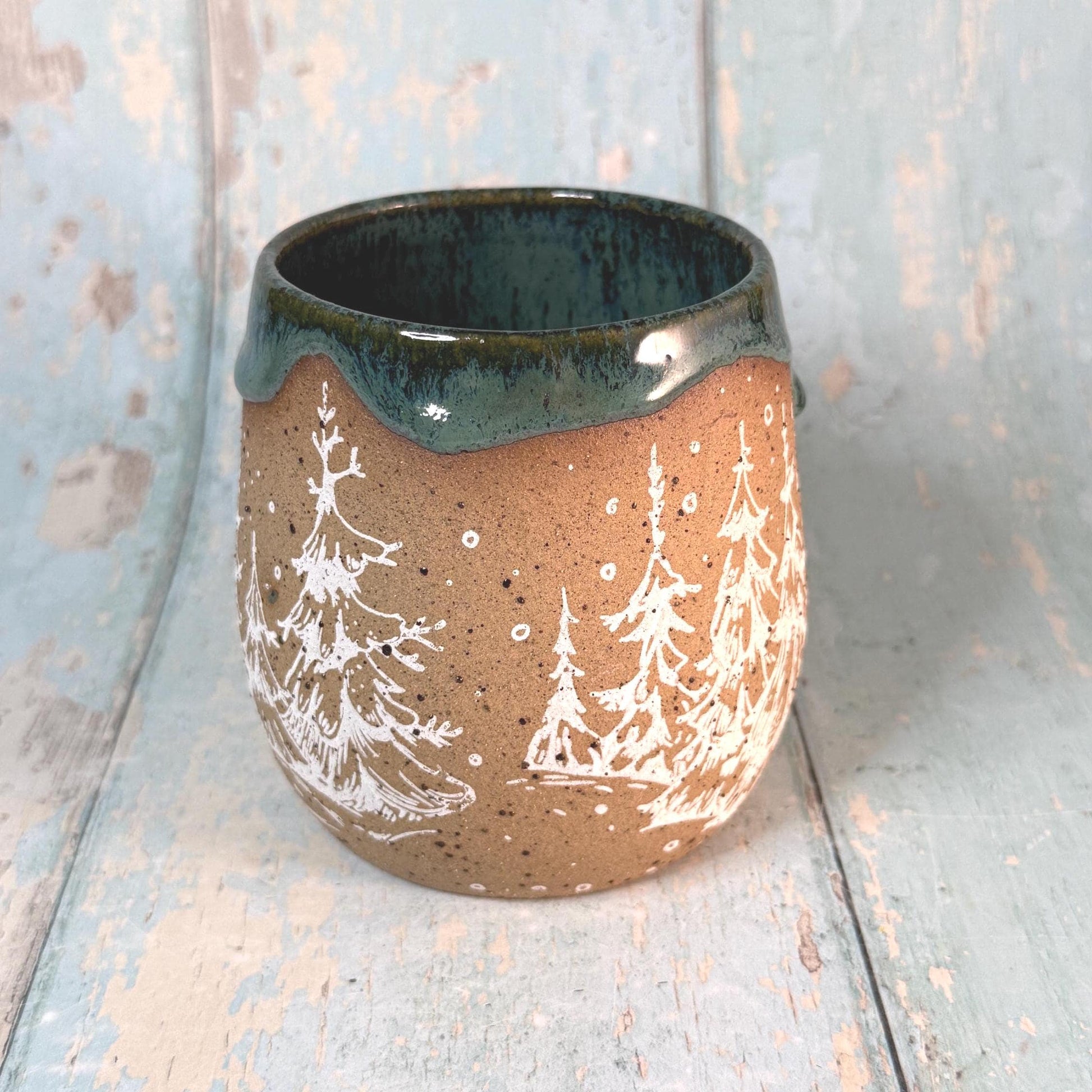 Green and White Christmas Tree Mug, Handmade Ceramic Cup