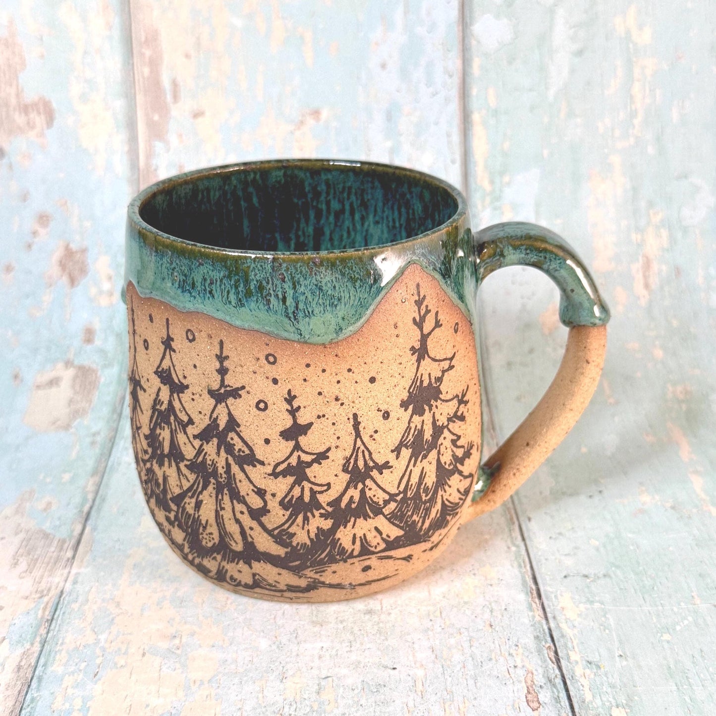 Black and Green Christmas Tree Mug, Handmade Ceramic Cup